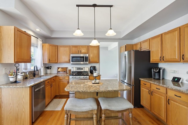 18485 W Springwood Dr, Grayslake, IL 60030 - kitchen with appliances with stainless steel finishes, a raised ceiling, a kitchen island, a sink, and light wood-style flooring
