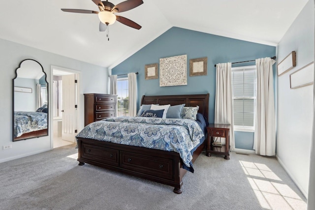 18485 W Springwood Dr, Grayslake, IL 60030 - bedroom featuring vaulted ceiling, light carpet, ceiling fan, and baseboards