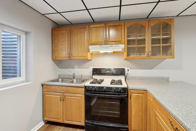 18485 W Springwood Dr, Grayslake, IL 60030 - kitchen with gas range oven, under cabinet range hood, a sink, a paneled ceiling, and light countertops