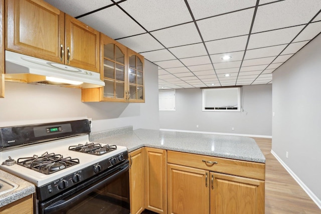 18485 W Springwood Dr, Grayslake, IL 60030 - kitchen featuring range with gas cooktop, under cabinet range hood, a peninsula, glass insert cabinets, and light countertops