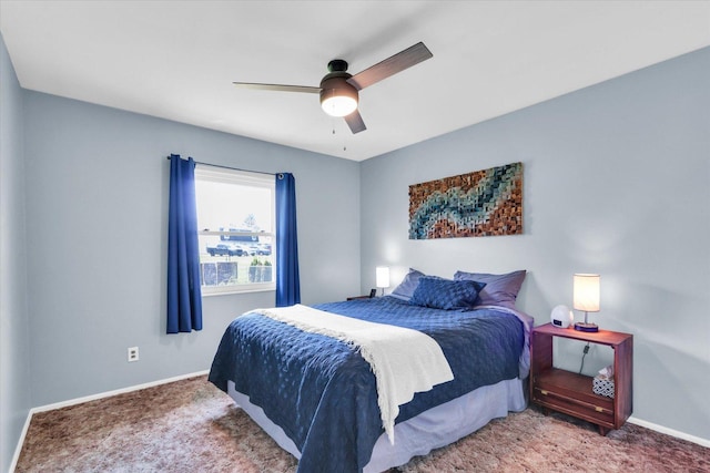 bedroom with baseboards, carpet, and ceiling fan