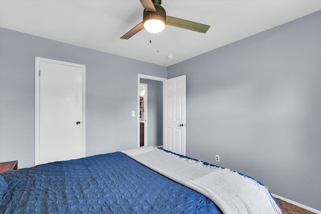 bedroom with a ceiling fan and baseboards