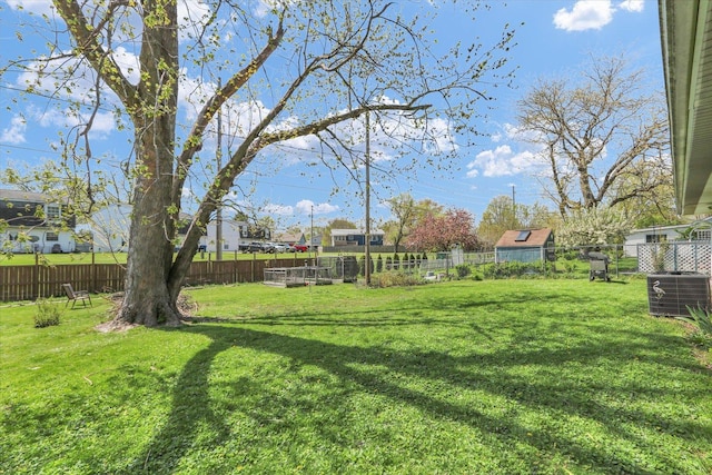 view of yard featuring a fenced backyard and central AC unit
