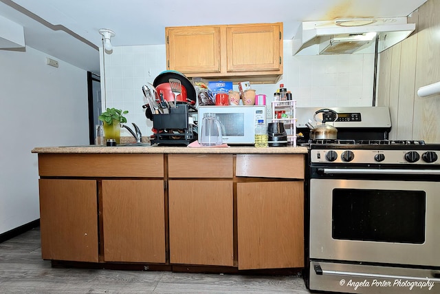 43 Lippincott Rd, Fox Lake, IL 60020 - kitchen with light wood-style flooring, stainless steel gas range, white microwave, light countertops, and under cabinet range hood