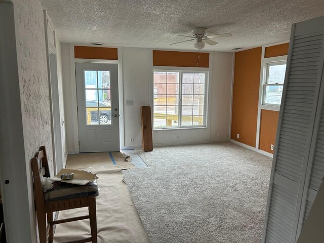 117 N Vermilion St, Potomac, IL 61865 - doorway featuring a ceiling fan, a textured ceiling, and light colored carpet