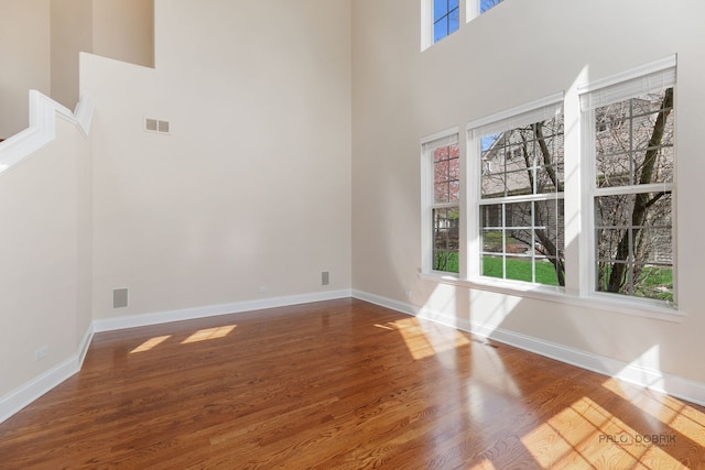 spare room featuring a high ceiling, wood finished floors, and plenty of natural light
