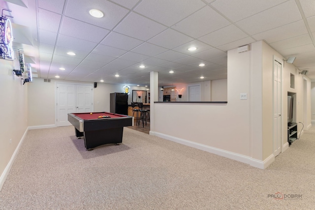 rec room with billiards, recessed lighting, carpet flooring, and baseboards