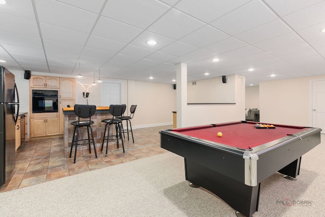 playroom featuring recessed lighting, light colored carpet, pool table, baseboards, and a paneled ceiling
