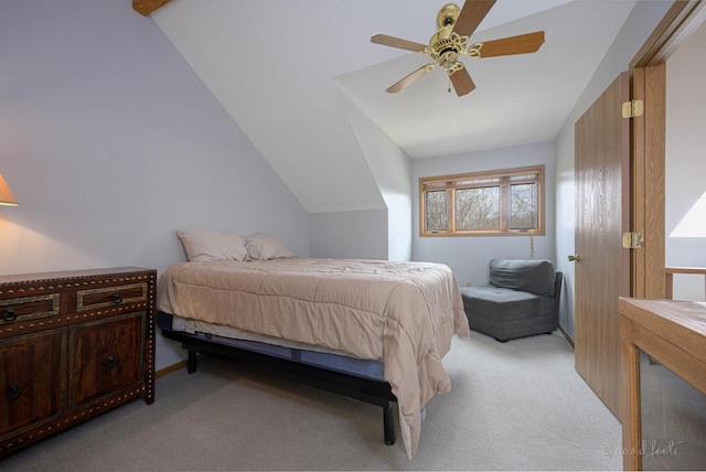 bedroom with light carpet, ceiling fan, and lofted ceiling