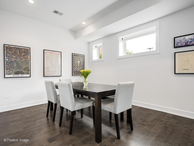 dining space featuring recessed lighting, dark wood-type flooring, visible vents, and baseboards