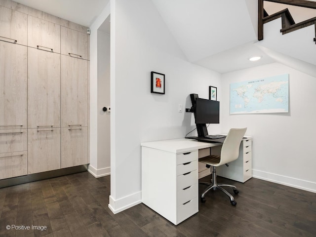 office featuring baseboards, recessed lighting, vaulted ceiling, and dark wood-style floors