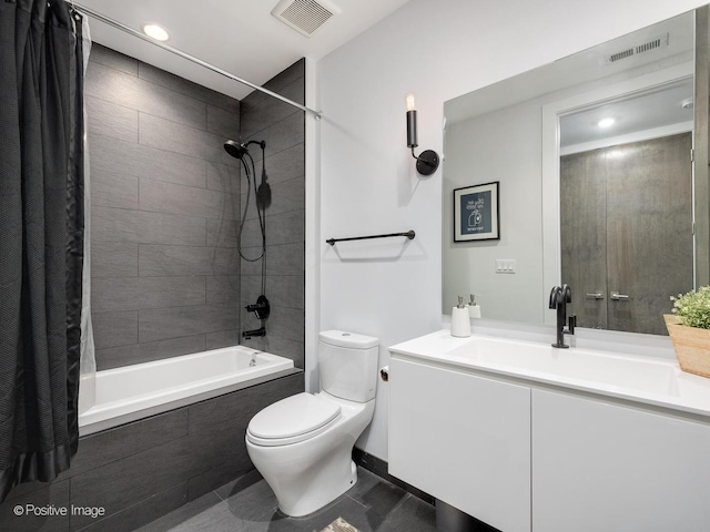 full bath with toilet, tiled shower / bath combo, visible vents, and recessed lighting