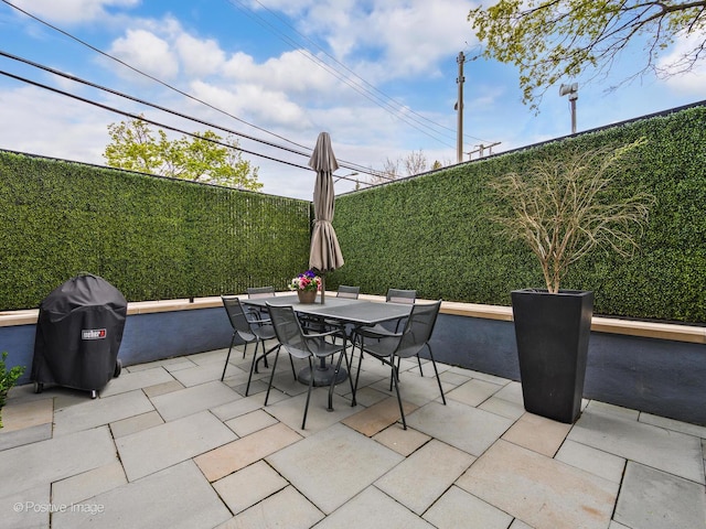 view of patio / terrace with a fenced backyard, outdoor dining space, and area for grilling