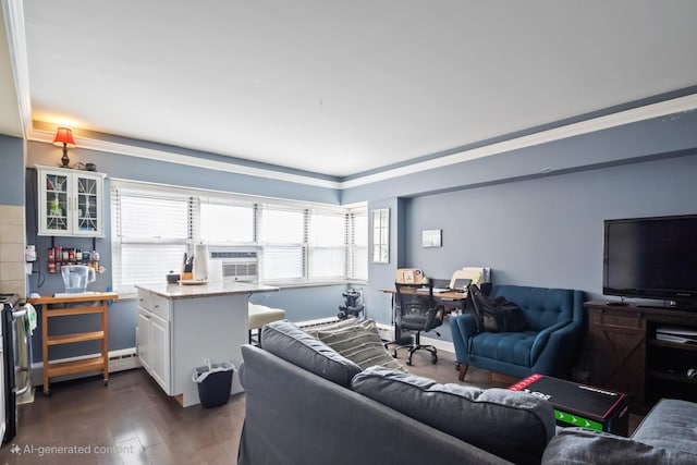 living area featuring dark wood-type flooring and cooling unit