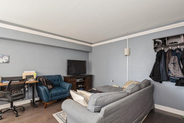 living area featuring crown molding, wood finished floors, and baseboards