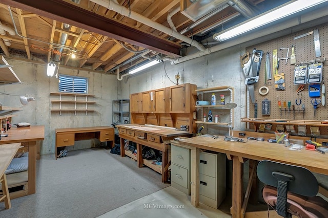 unfinished basement featuring a workshop area