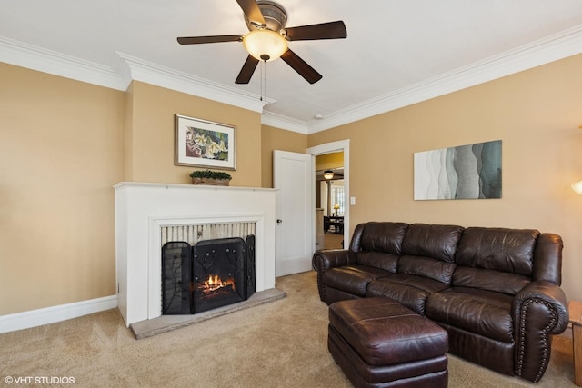 1046 N Hainesville Rd, Round Lake Beach, IL 60073 - living area featuring crown molding, carpet flooring, ceiling fan, and a fireplace