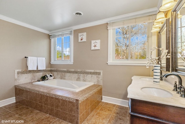 1046 N Hainesville Rd, Round Lake Beach, IL 60073 - bathroom featuring baseboards, tile patterned flooring, ornamental molding, a bath, and double vanity