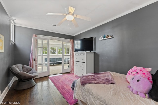 1046 N Hainesville Rd, Round Lake Beach, IL 60073 - bedroom with crown molding, access to exterior, hardwood / wood-style floors, baseboards, and ceiling fan