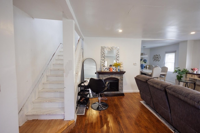 732 N Dearborn Ave, Kankakee, IL 60901 - living room with a fireplace, recessed lighting, wood finished floors, and stairs