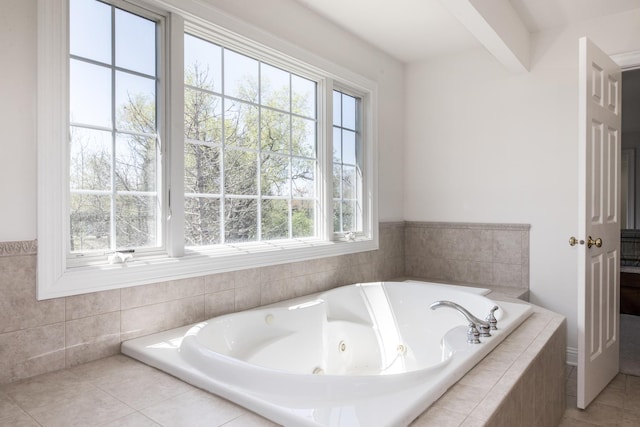 6433 Davidson Ct, Gurnee, IL 60031 - bathroom featuring a jetted tub, beamed ceiling, and tile patterned flooring