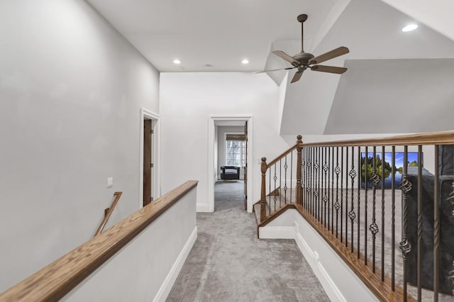 41W050 Stoneridge Ln, Elgin, IL 60124 - hall featuring carpet floors, baseboards, an upstairs landing, and recessed lighting