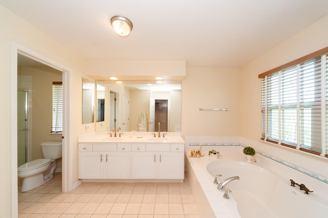 716 Samson Way, Northbrook, IL 60062 - bathroom with toilet, tile patterned floors, a garden tub, double vanity, and a shower with door