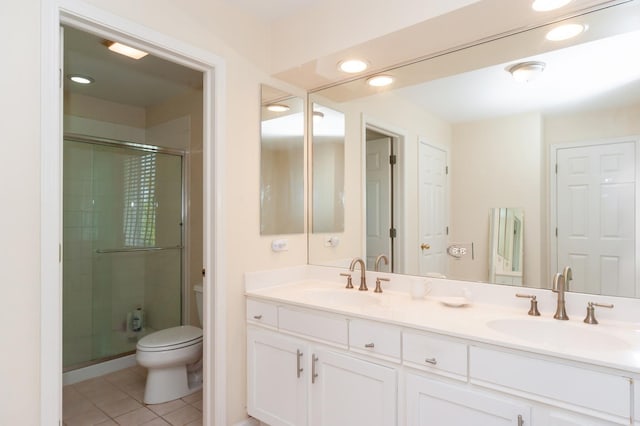 716 Samson Way, Northbrook, IL 60062 - bathroom with toilet, a shower stall, tile patterned flooring, double vanity, and recessed lighting