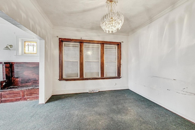 7658 S Laflin St, Chicago, IL 60620 - unfurnished room featuring crown molding, visible vents, dark colored carpet, and a notable chandelier