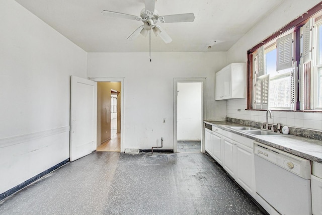 7658 S Laflin St, Chicago, IL 60620 - kitchen featuring white cabinets, tasteful backsplash, a sink, and white dishwasher