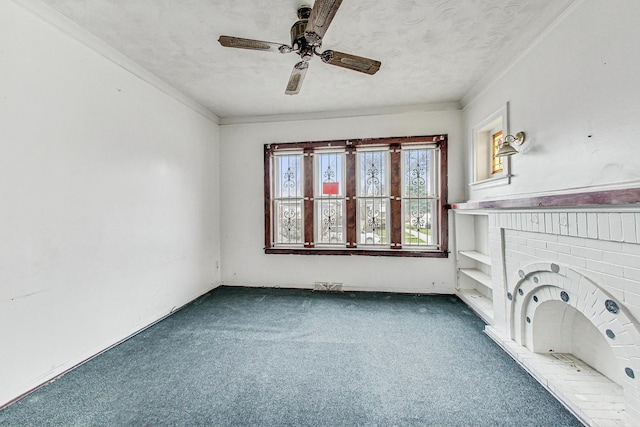 7658 S Laflin St, Chicago, IL 60620 - unfurnished living room with carpet flooring, a textured ceiling, crown molding, and ceiling fan
