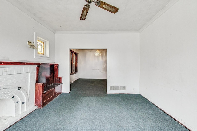 7658 S Laflin St, Chicago, IL 60620 - unfurnished living room with carpet, visible vents, crown molding, and a ceiling fan
