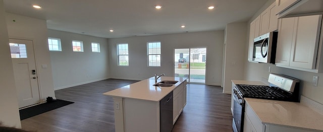 6457 Juniper Dr, Wonder Lake, IL 60097 - kitchen with dark wood finished floors, a sink, stainless steel appliances, open floor plan, and a center island with sink