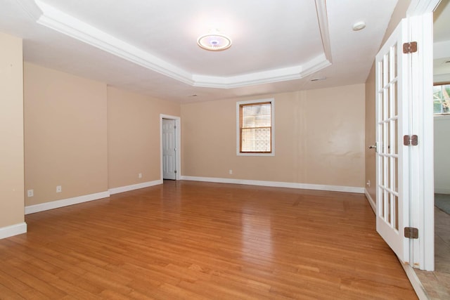unfurnished room featuring light wood-style flooring, a wealth of natural light, and a raised ceiling