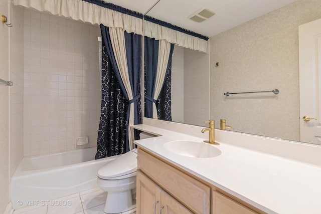 bathroom featuring vanity, shower / tub combo with curtain, tile patterned flooring, toilet, and visible vents