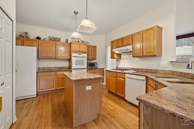 803 Pleasant Dr, Fox River Grove, IL 60021 - kitchen featuring light wood-type flooring, a sink, light stone counters, and white appliances