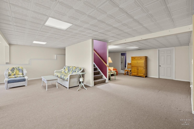 803 Pleasant Dr, Fox River Grove, IL 60021 - living area featuring baseboards, stairs, and carpet