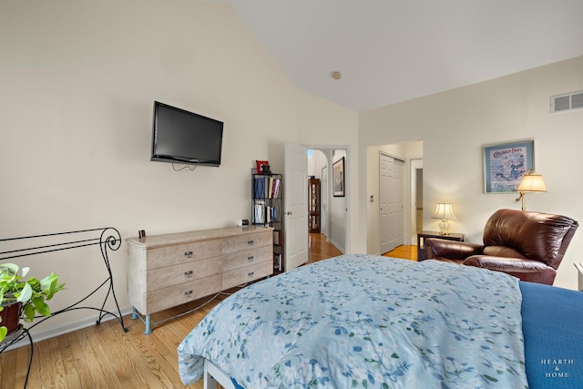 803 Pleasant Dr, Fox River Grove, IL 60021 - bedroom featuring visible vents, light wood-type flooring, high vaulted ceiling, and baseboards