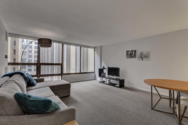 carpeted living area featuring baseboards