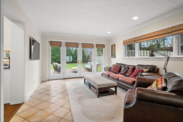 195 Lakeside Pl, Highland Park, IL 60035 - living room with light tile patterned floors, ornamental molding, recessed lighting, french doors, and baseboards