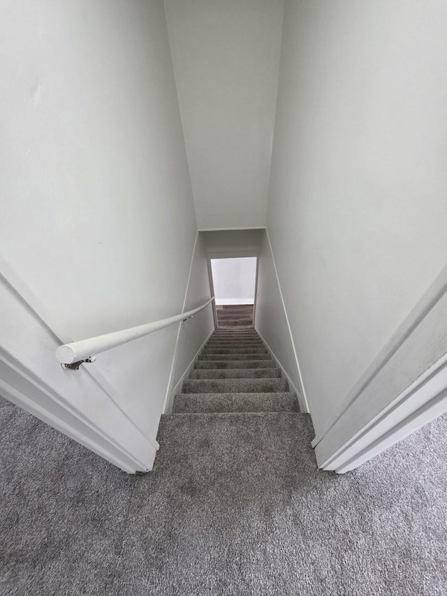 stairs with carpet floors and baseboards