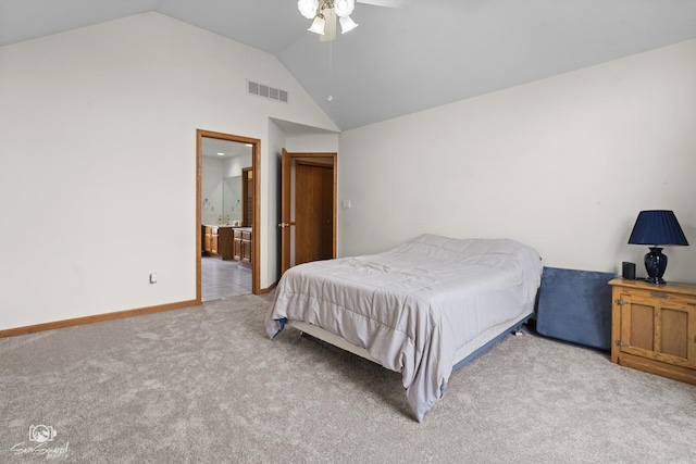carpeted bedroom featuring baseboards, vaulted ceiling, a ceiling fan, connected bathroom, and visible vents