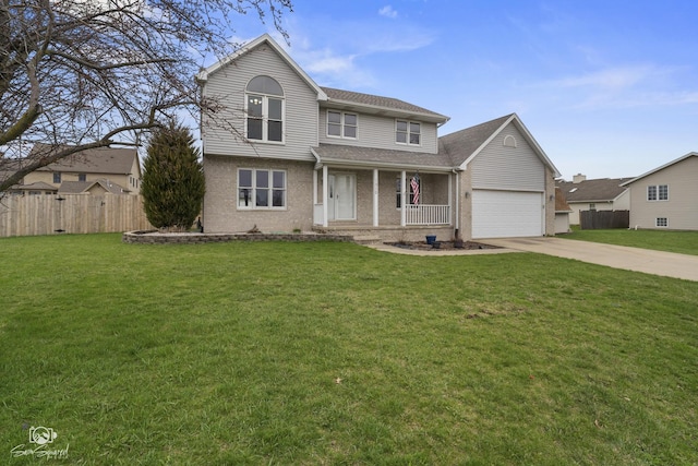 traditional home featuring brick siding, driveway, fence, and a front lawn
