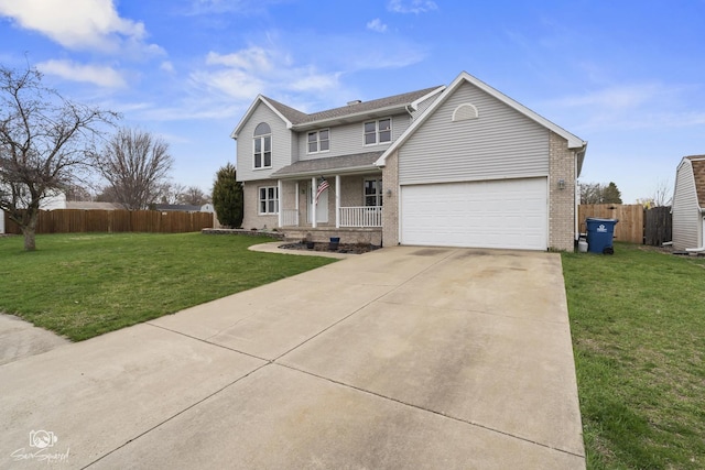 traditional-style home with covered porch, fence, a front lawn, brick siding, and driveway