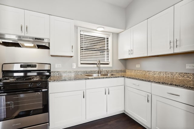 4130 192nd Ct Unit 222, Country Club Hills, IL 60478 - kitchen with white cabinets, under cabinet range hood, light stone countertops, stainless steel range with gas stovetop, and a sink