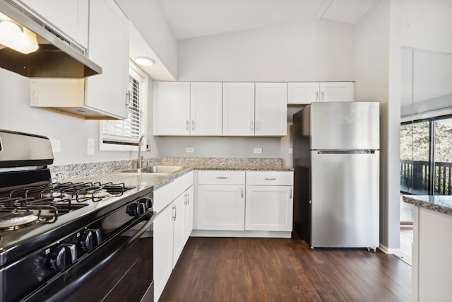 4130 192nd Ct Unit 222, Country Club Hills, IL 60478 - kitchen featuring black range with gas cooktop, freestanding refrigerator, light stone countertops, under cabinet range hood, and a sink