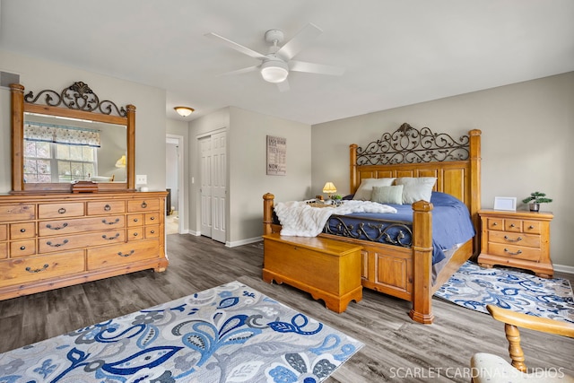 bedroom with wood finished floors, baseboards, a ceiling fan, and a closet