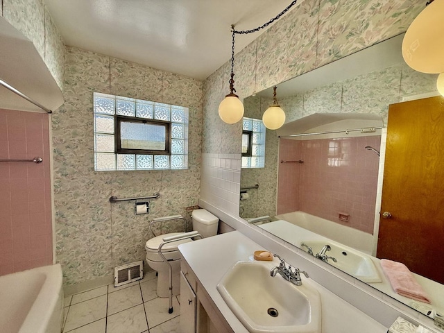 bathroom featuring wallpapered walls, tile patterned floors,  shower combination, toilet, and visible vents