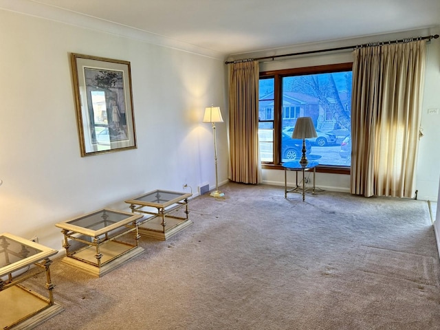 interior space featuring carpet, baseboards, and ornamental molding