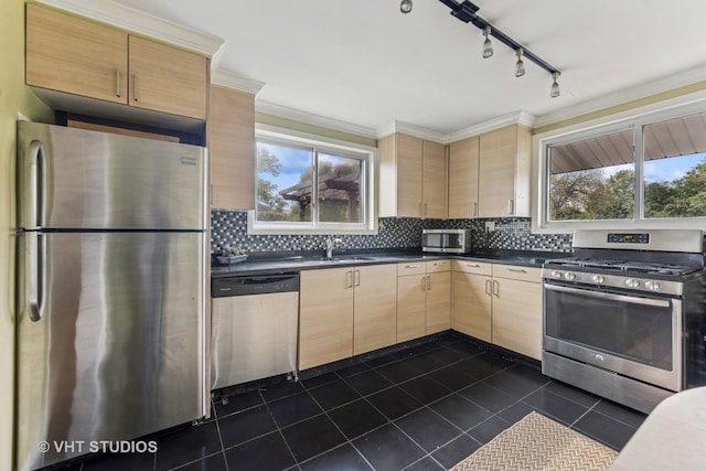 21W534 Bemis Rd, Glen Ellyn, IL 60137 - kitchen with appliances with stainless steel finishes, light brown cabinets, dark countertops, tasteful backsplash, and ornamental molding